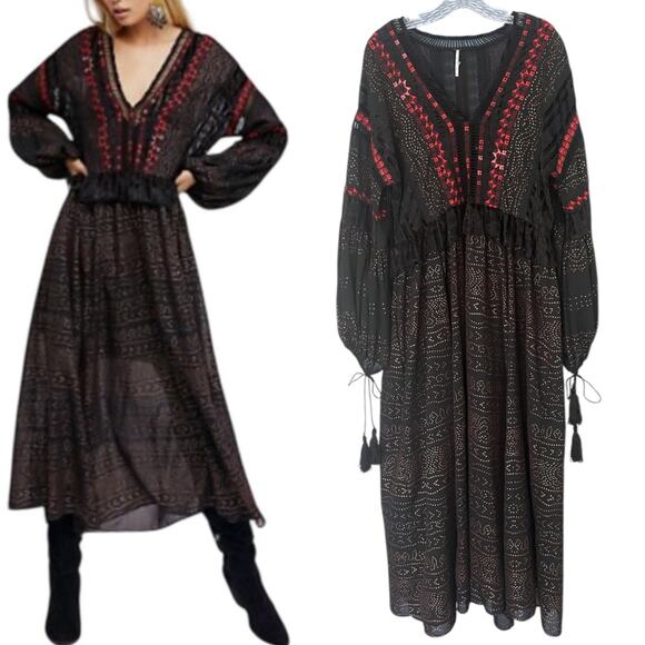 Free People Starry Night Embroidered Midi Dress Women's S Ruffle Peasant Black - Picture 1 of 7